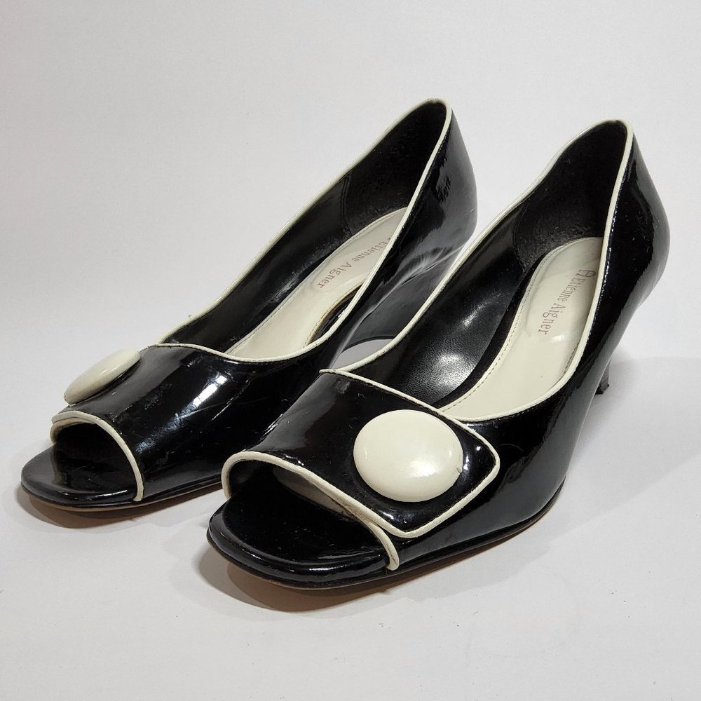 Etienne Aigner patent leather wedges open toe black and white Size 8